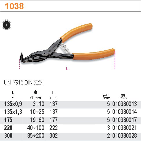 KLEŠTĚ NA POJISTNÉ KROUŽKY VNĚJŠÍ VYHNUTÉ-MODEL 1038 135MM