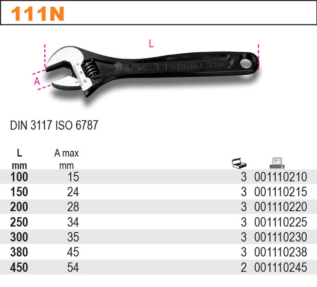 NASTAVITELNÝ KLÍČ PLOCHÝ -MODEL 111N 150 MM, ČERNĚNÝ DIN 3117 ISO 6787
