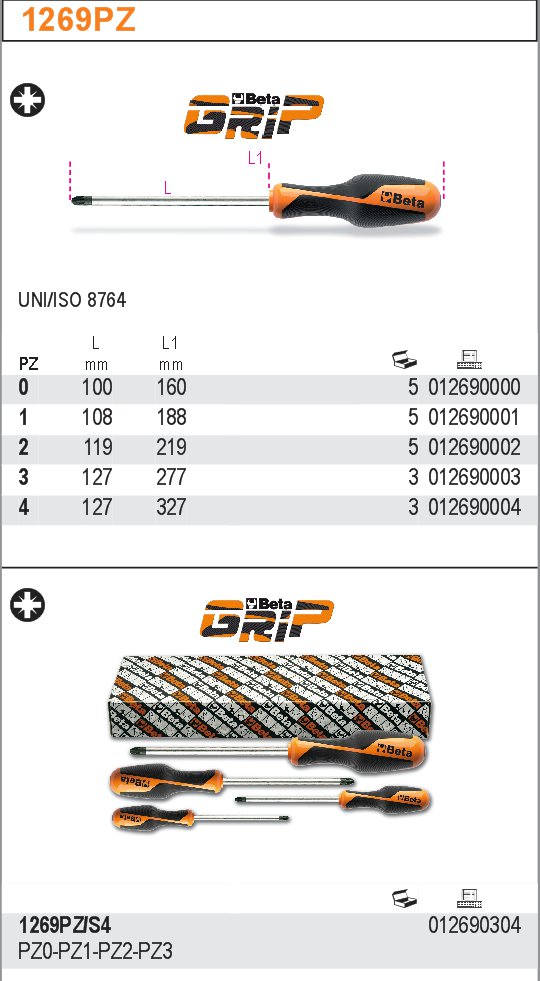ŠROUBOVÁK KŘÍŽOVÝ PROFIL POZIDRIVE BETAGRIP-MODEL 1269PZ PZ2X119MM UNI/ISO 8764
