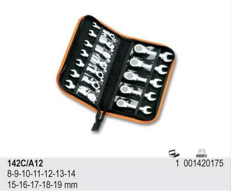 SADA RÁČNOVÝCH KLÍČŮ, KRÁTKÝ MODEL-MODEL 142C/A12 12 KS 8-19 MM, V POUZDŘE