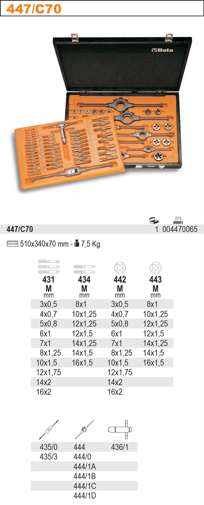 SADA ZÁVITNÍKŮ A ZÁVITOVÝCH OČEK-MODEL 447/C70 70 ČÁSTÍ