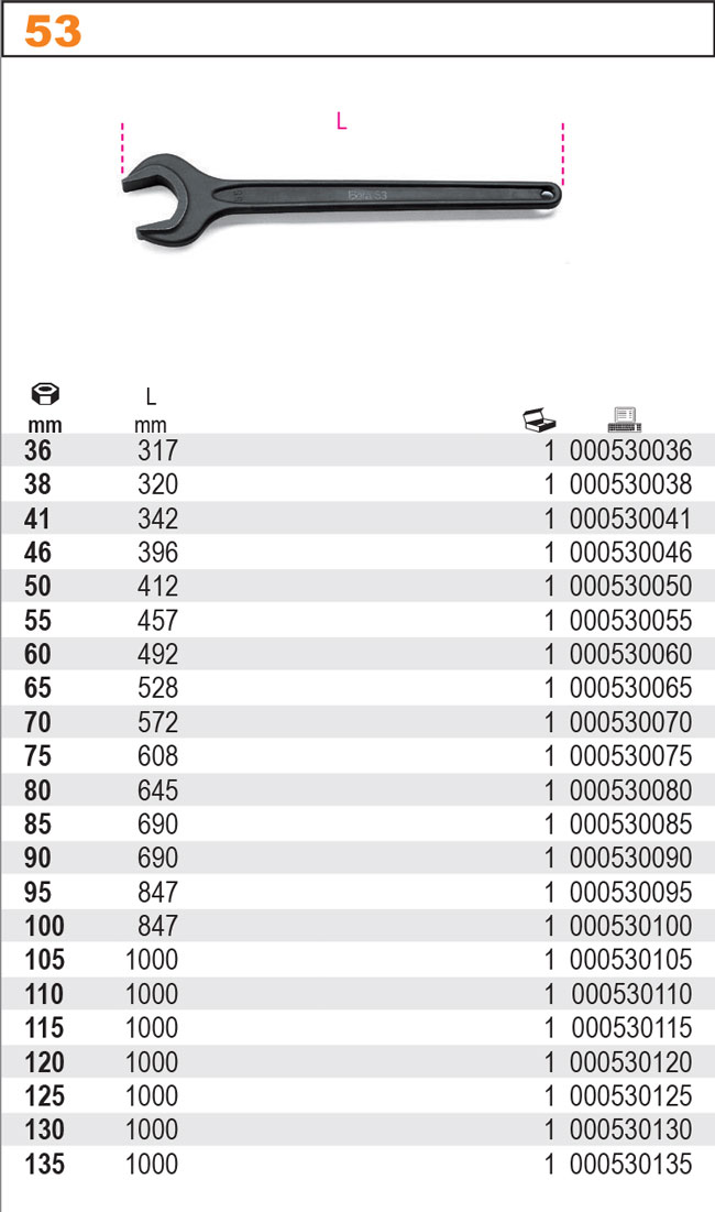 PLOCHÝ KLÍČ JEDNOSTRANNÝ-MODEL 53  130MM, DIN 894 , ČERNĚNÝ