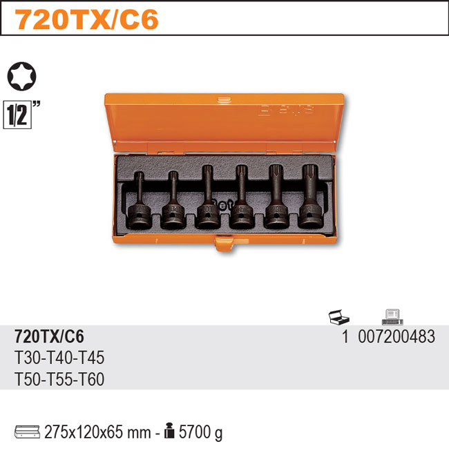 SADA NÁSTRČNÝCH HLAVIC S KONCOVKOU PROFIL TORX-MODEL 720TX/C6 6 KS 720TX