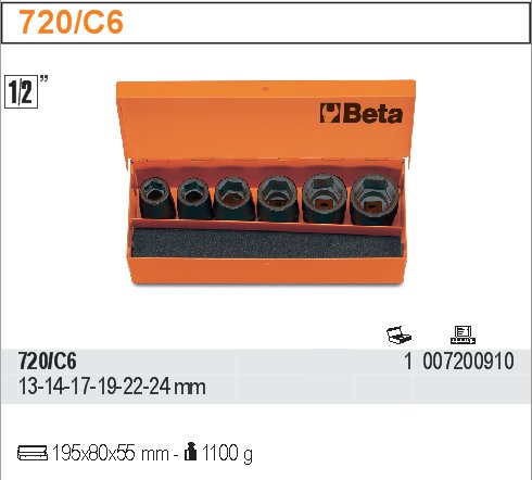 SADA NÁSTRČNÝCH HLAVIC ŠESTIHRANNÝCH - 1/2''-MODEL 720/C6 6 KS 720