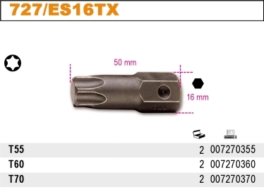 BIT RÁZOVÝ ŠESTIHRAN-MODEL 727ES16TX  T70, ZABÍRÁK 16 MM