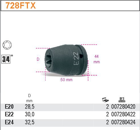 NÁSTRČNÁ HLAVICE RÁZOVÁ PROFIL TORX VNITŘNÍ - 3/4''-MODEL 728FTX E 20''