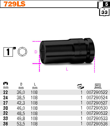 NÁSTRČNÁ RÁZOVÁ HLAVICE DLOUHÁ-MODEL 729LS DÉLKA SLIM 1'' 27MM''
