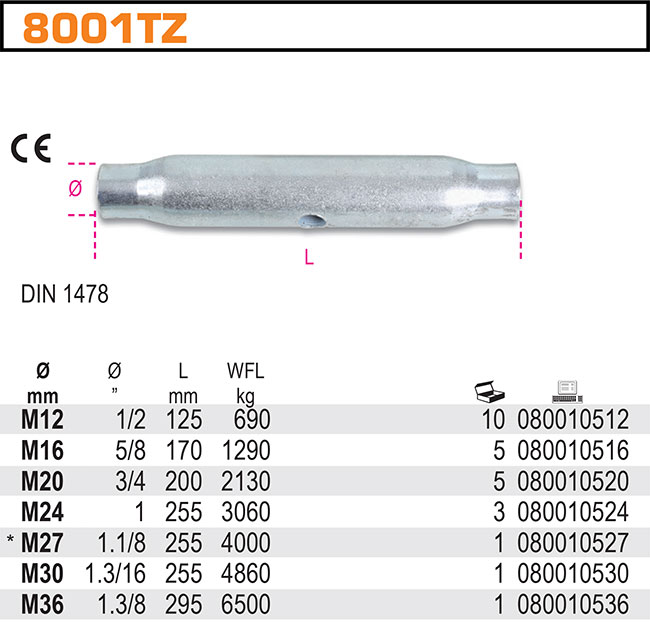 TĚLO NAPÍNACÍ MATICE - ŘÍMSKÝ ŠROUB - TRUBICOVÝ, POZINKOVANÝ, MODEL 8001TZ, M36MM, CE DIN 1478