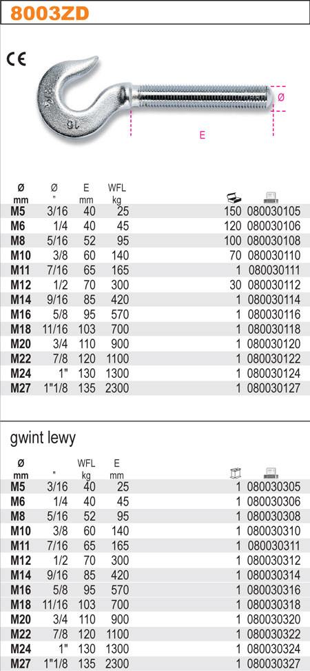 ŠROUB S HÁKEM-MODEL 8003ZD  ZÁVIT PRAVÝ M16 POZINK CE