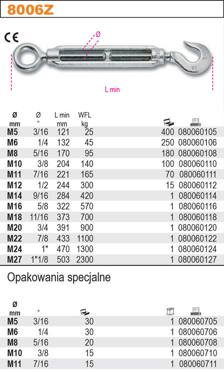 NAPÍNACÍ MATICE-ŠROUB ŘÍMSKÝ-OTEVŘENÝ-MODEL 8006Z  UCHO-HÁK M18 POZINK CE