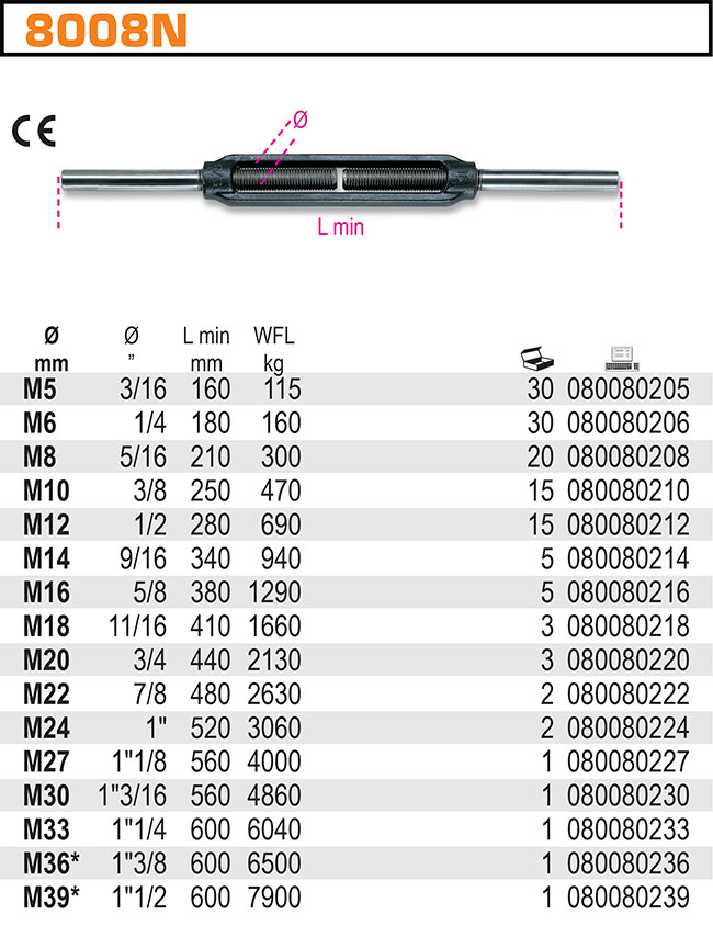 NAPÍNACÍ MATICE-ŠROUB ŘÍMSKÝ-OTEVŘENÝ-MODEL 8008N KOLÍK-KOLÍK M20 METALICKÝ CE