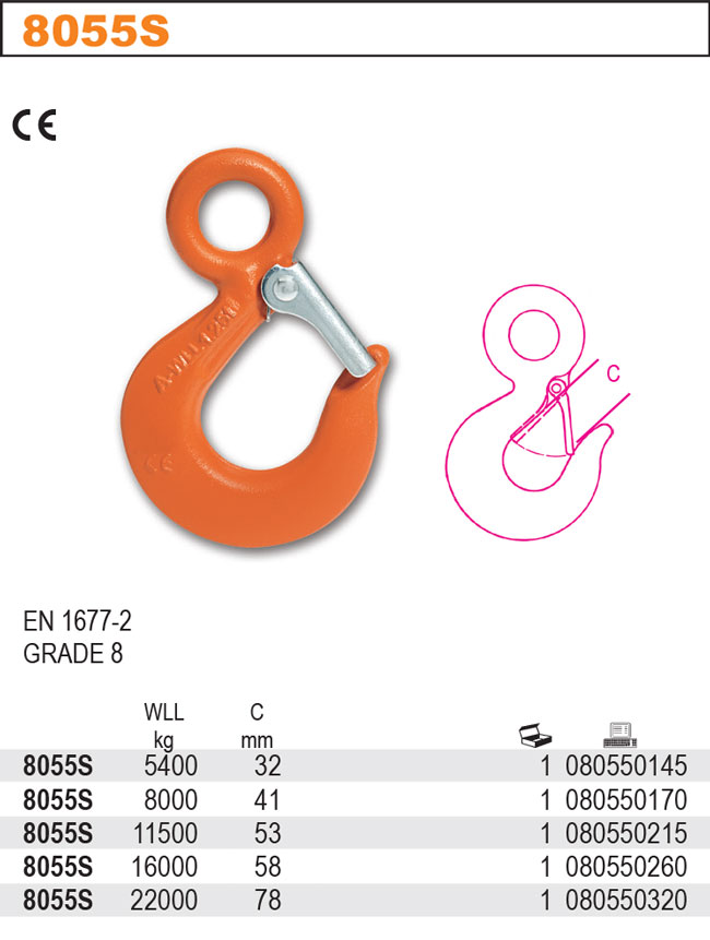 HÁK S UCHEM -MODEL 8055S  DOR. 22000 KG ALLOY STEEL TVRZENÝ LAKOVANÝ CE EN 1677-2 TŘÍDA 8