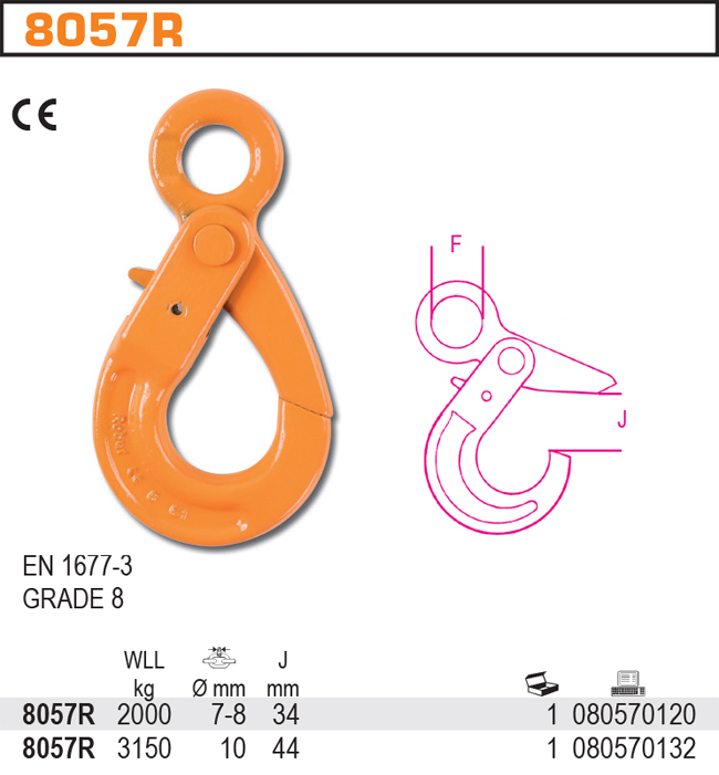 HÁK SAMOZAVÍRACÍ S UCHEM-MODEL 8057R DOR. 2000 KG ALLOY STEEL TVRZENÝ LAKOVANÝ CE EN 1677-3 TŘÍDA 8