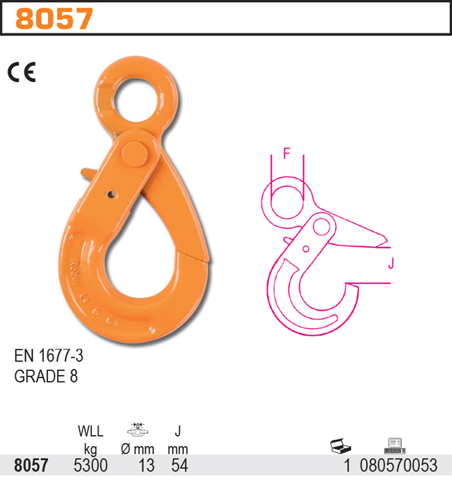 HÁK SAMOZAVÍRACÍ S UCHEM-MODEL 8057 DOR. 5300 KG ALLOY STEEL TVRZENÝ LAKOVANÝ CE EN 1677-3 TŘÍDA 8