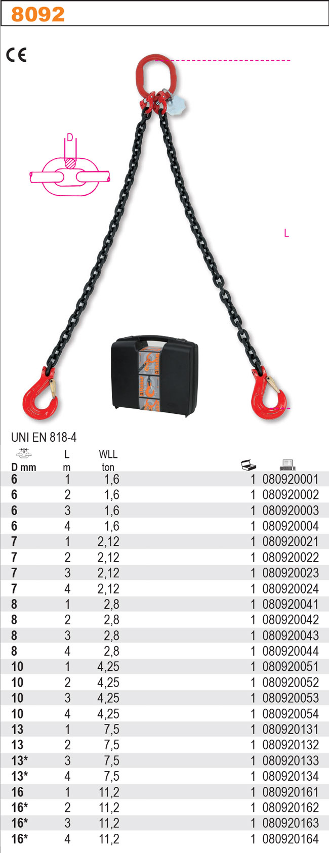ZAVĚŠENÍ  ŘETEZOVÉ DVOUTAHOVÉ-MODEL 8092 ŘETĚZ FI  7MM DÉLKA 1M CE UNI EN 818-4 V KRABIČCE