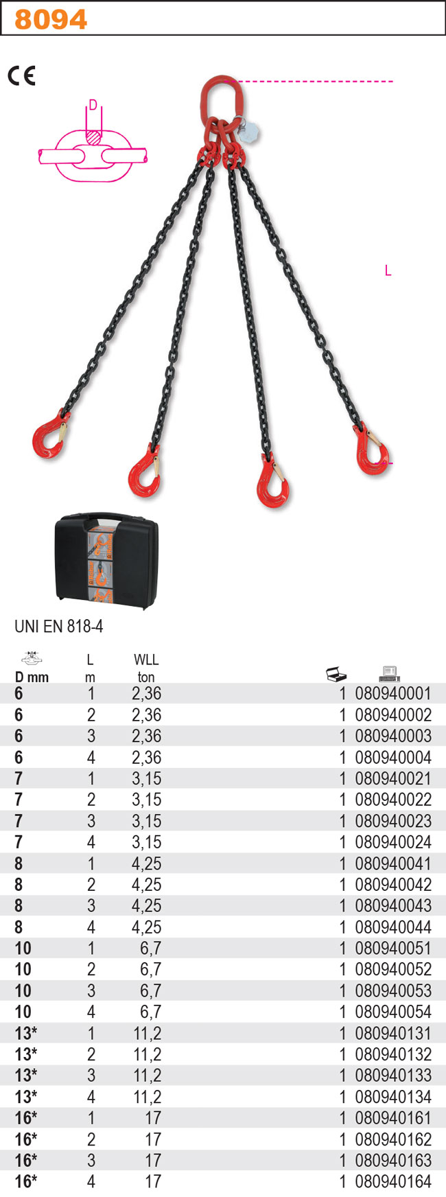 ZAVĚŠENÍ  ŘETEZOVÉ ČTYŘTAHOVÉ-MODEL 8094 ŘETĚZ FI 13MM DÉLKA 1M  CE UNI EN 818-4 V KRABIČCE