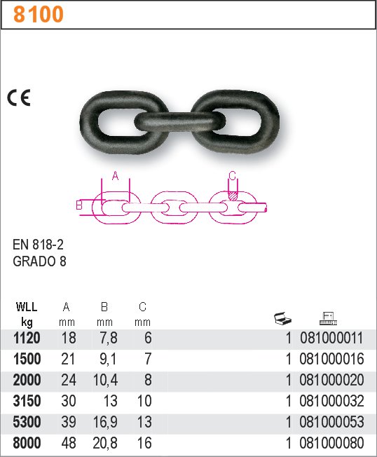 ŘETĚZ ALLOY STEEL TEPELNĚ OPRACOVANÉ-MODEL 8100 DOR.  2000KG METALICKÝ CE EN 818-2 TŘÍDA 8