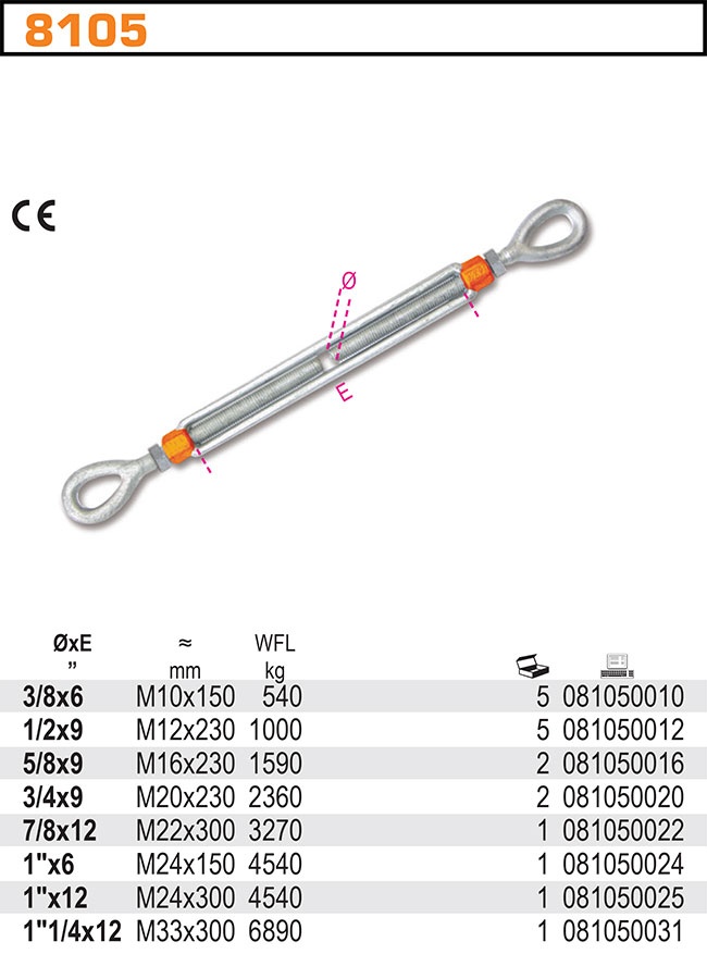 NAPÍNACÍ MATICE-ŠROUB ŘÍMSKÝ-MODEL 8105 UCHO-UCHO 1.1/4X12 ALLOY STEEL POZINK ŽÁROVÝ