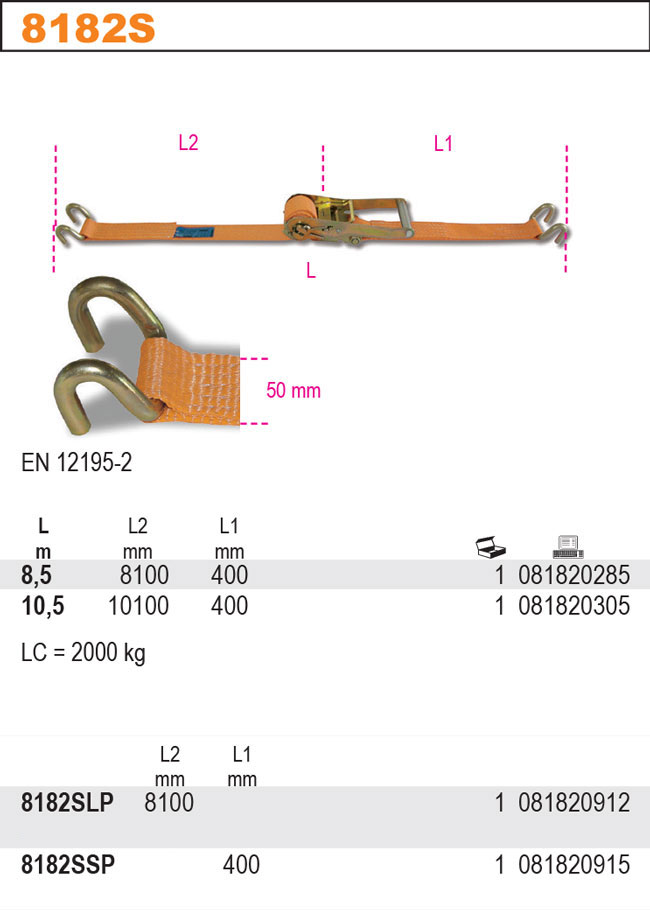 PÁS UPÍNACÍ NAP.ZÁPADKA H.POD.-MODEL 8182S 10M/50MM HÁKY DVOJITÉ EN 12195-2