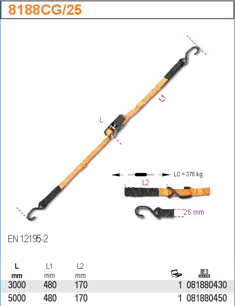 PÁS NAPÍNACÍ S DVĚMA HÁKY -MODEL 8188CG/25MM  LC 375KG L 3M Z S NAPÍNAČEM ZÁPADKOVÝM EN 12195-2