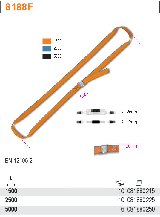 PÁS UPÍNACÍ ZAMKNUTÝ -MODEL 8188F/25MM LC 250KG L 2,5M S ZATISKACÍ PRUŽINOU EN 12195-2