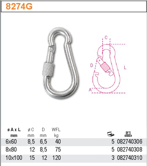 HÁK KARABINKA S ZABEČOVACÍ MATICÍ-MODEL 8274G.8X80 AISI316