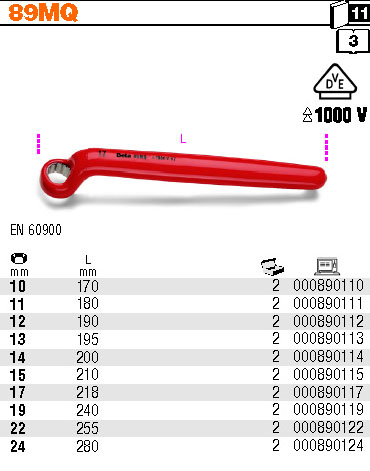OČKOVÝ KLÍČ JEDNOSTRANNÝ VYHNUTÝ S IZOLACÍ DO 1000V-MODEL 89MQ 14MM