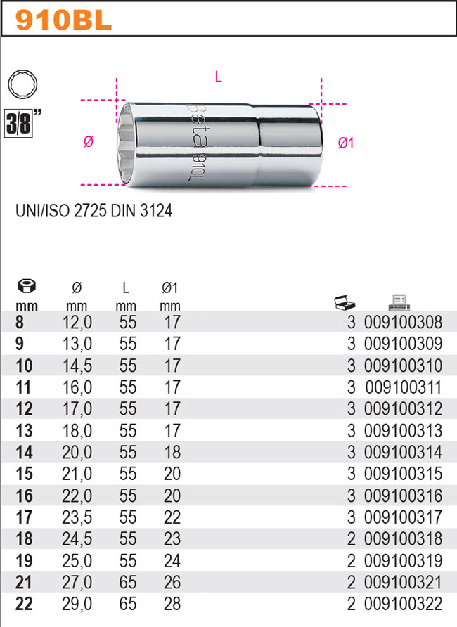 HLAVICE 3/8'' DLOUHÁ-MODEL 910BL 3/8'' DÉLKA  16MM
