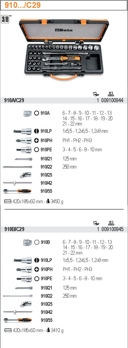 SADA HLAVIC-MODEL 910B/C29 3/8'' S PŘÍSLUŠENSTVÍM 29KS''