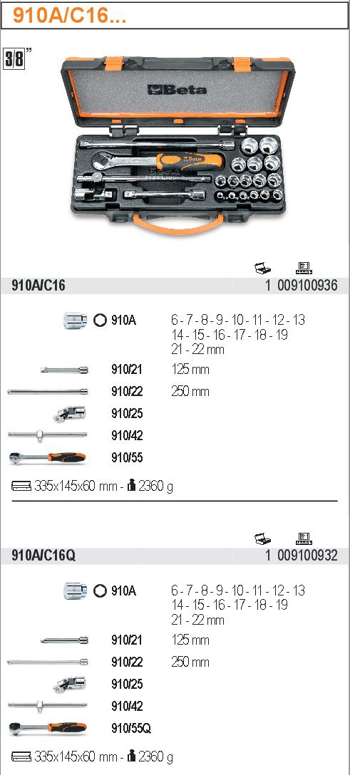 SADA HLAVIC-MODEL 910A/C16 3/8''16KS+PŘÍSLUŠENSTVÍ''