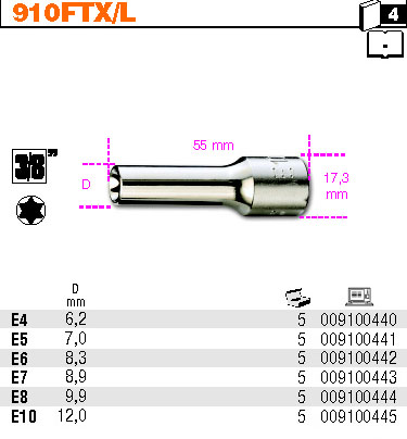 HLAVICE 3/8'' PROFIL TORX VNITŘNÍ-MODEL 910FTXL E8 D''