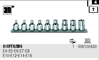 SADA HLAVIC 3/8'' PROFIL TORX VNITŘNÍ-MODEL 910FTX/SB9 T4-T16 9KS''