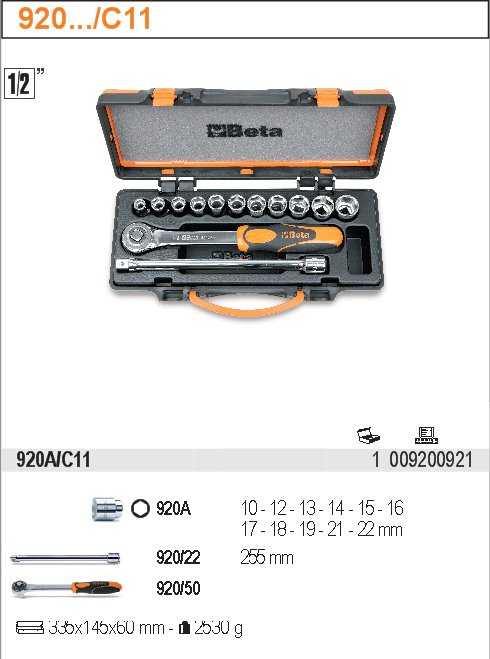 SADA HLAVIC 1/2'' S PŘÍSLUŠENSTVÍM-MODEL 920B/C11 1/2'' S PŘÍSLUŠENSTVÍM 13KS''