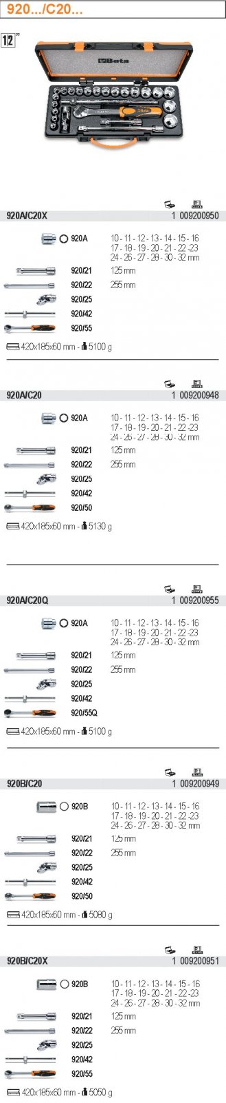 SADA HLAVIC 1/2'' S PŘÍSLUŠENSTVÍM-MODEL 920A/C20Q 1/2'' S PŘÍSLUŠENSTVÍM 25KS''