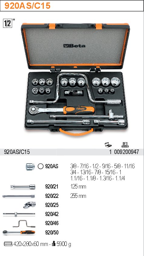 SADA HLAVIC 1/2'' S PŘÍSLUŠENSTVÍM-MODEL 920AS/C15 1/2'' S PŘÍSLUŠENSTVÍM 21KS''