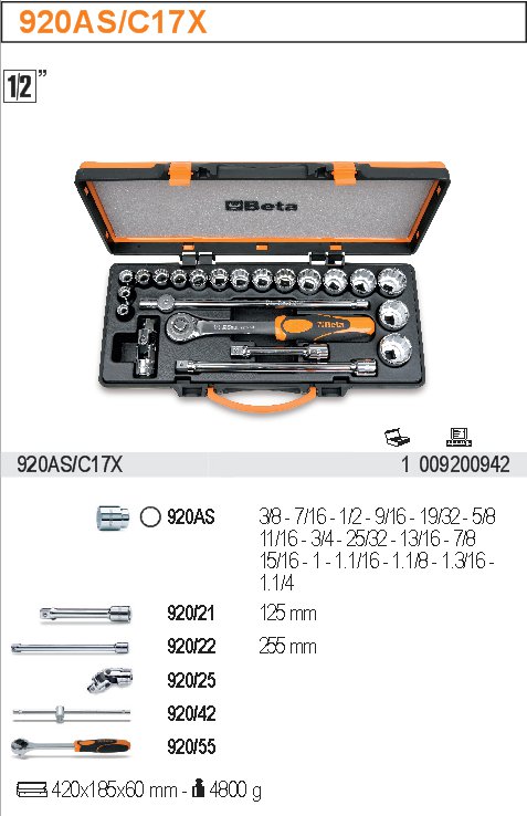SADA HLAVIC 1/2'' S PŘÍSLUŠENSTVÍM-MODEL 920AS/C17X 1/2''