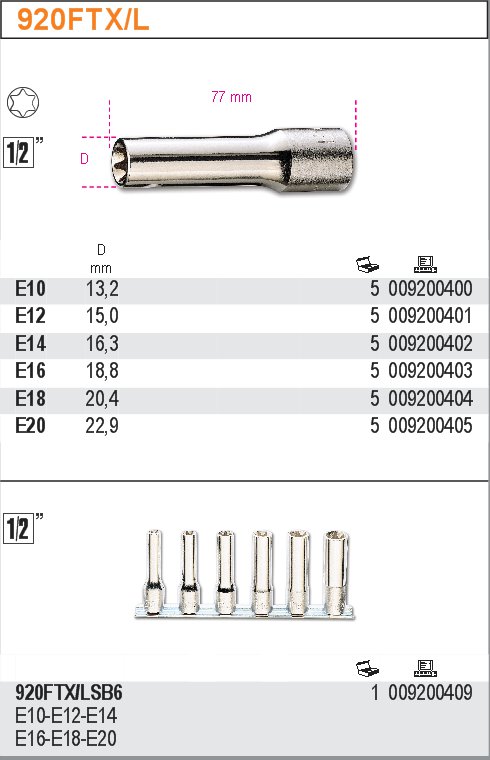 HLAVICE PROFIL TORX VNITŘNÍ - 1/2''-MODEL 920FTX DLOUHÝ E14''