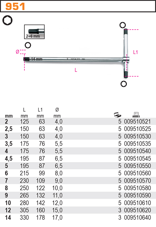 KLÍČ INBUSOVÝ TYP T-MODEL 951  8MM