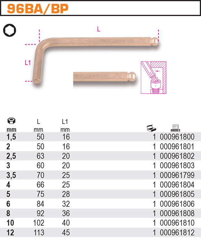 INBUSOVÝ KLÍČ S KULIČKOU NEJISKŘÍCÍ-MODEL 96BA.8MM