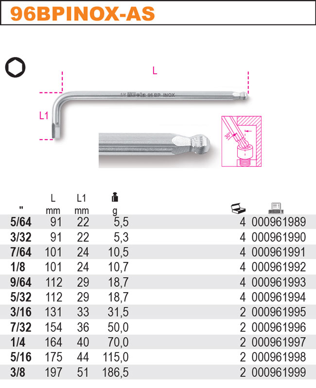KLÍČ INBUSOVÝ ŠESTIHRANNÝ S KULIČKOU, PALCOVÝ, OCEL INOX AISI 420