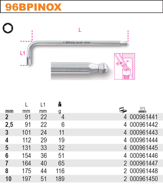INBUSOVÝ KLÍČ S KULIČKOU-MODEL 96BPINOX 6MM