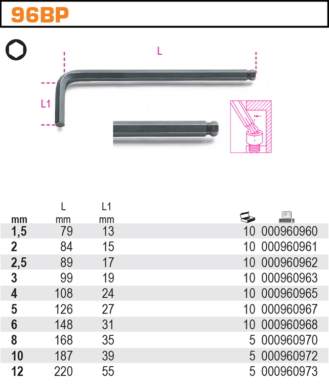 INBUSOVÝ KLÍČ S KULIČKOU-MODEL 96BP 2,5MM, ČERNĚNÝ