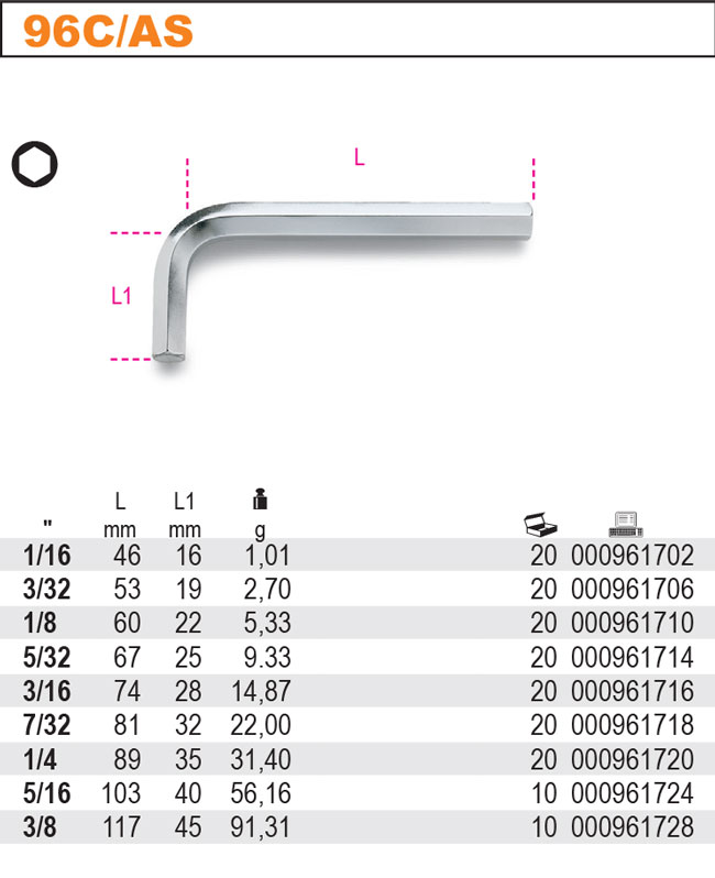 KLÍČ INBUSOVÝ ŠESTIHRANNÝ, PALCOVÝ, MODEL 96/AS, 7/32''