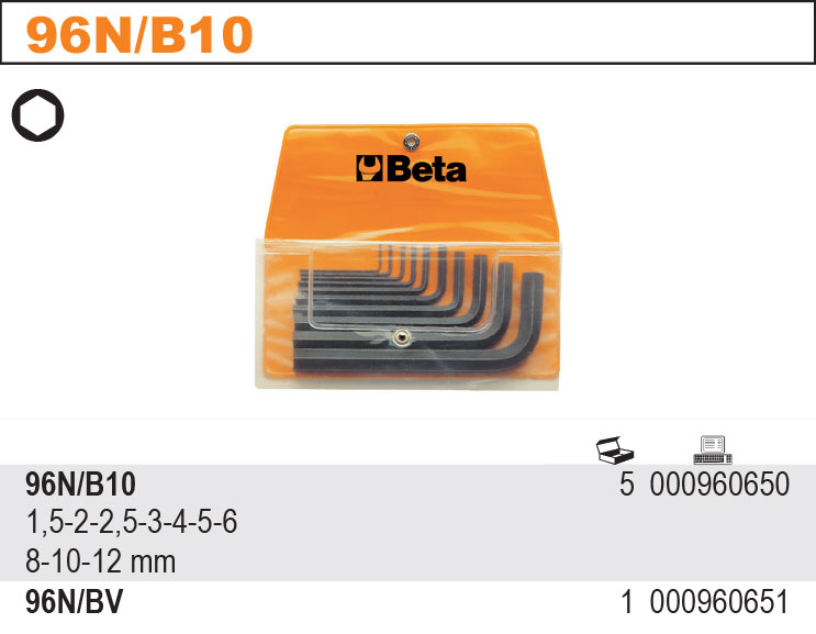SADA INBUSOVÝCH KLÍČŮ V POUZDŘE-MODEL 96N/B10 10 KS 1,5-12MM, V POUZDŘE