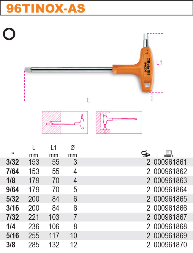 KLÍČ INBUSOVÝ ŠESTIHRANNÝ S RUKOJETÍ, OCEL INOX AISI 420, MODEL 96TINOX/AS