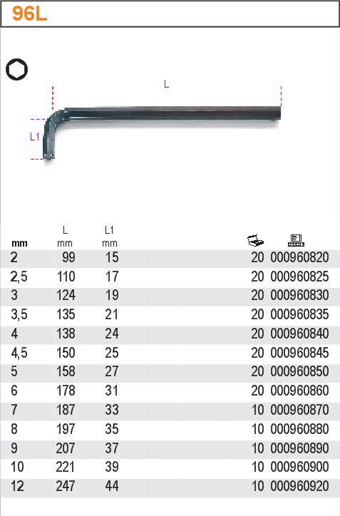 INBUSOVÝ KLÍČ-MODEL 96L 10MM, DLOUHÝ ČERNĚNÝ
