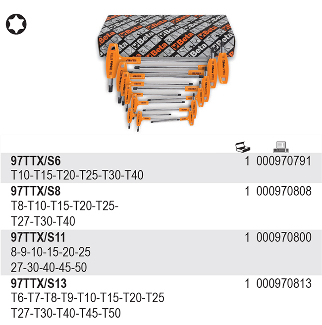 SADA ZÁSTRČNÝCH KLÍČŮ S RUKOJETÍ PROFIL TORX-MODEL 97TTX/S13 13 KS