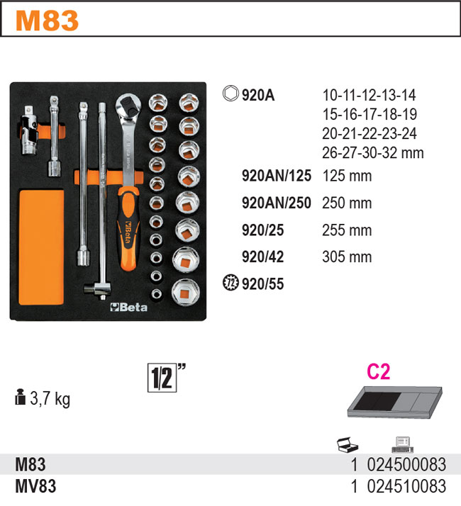 SADA NÁŘADÍ-MODEL 2450/M83 24 KS V PODESTĚ Z MĚKKÉ PĚNY