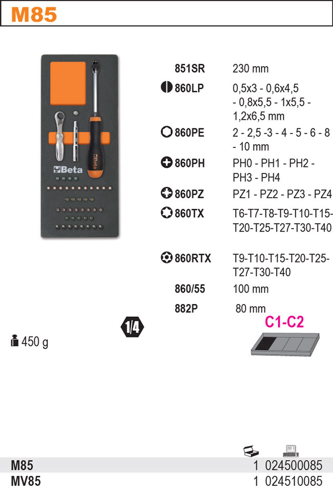SADA NÁŘADÍ-MODEL 2450/M85 45 KS V PODESTĚ Z MĚKKÉ PĚNY