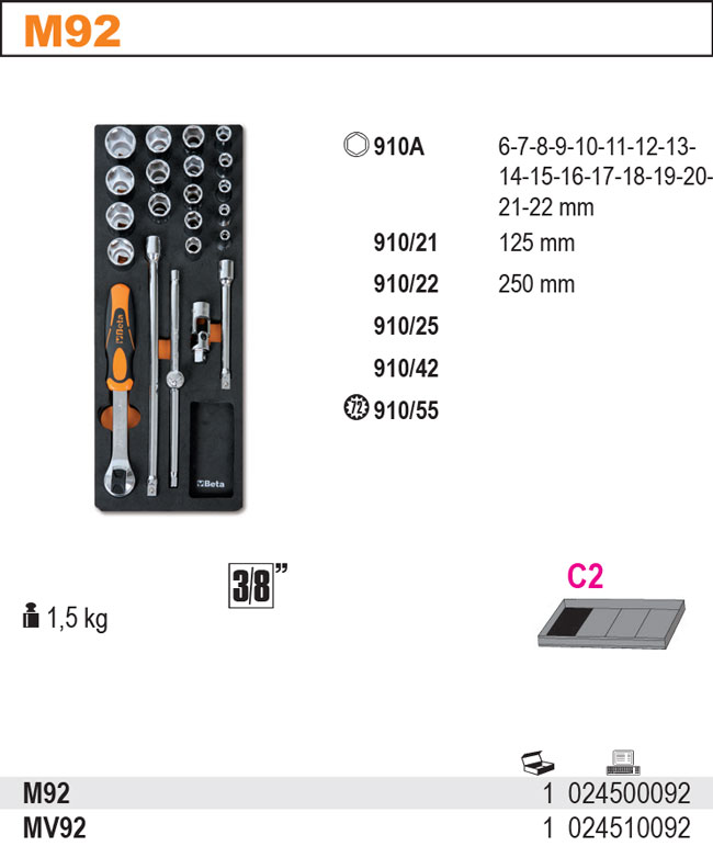 SADA NÁŘADÍ-MODEL 2450/M92  22KS V PODESTĚ Z MĚKKÉ PĚNY